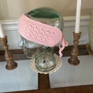 Pink Crochet Hair Accessory Headband. Three inches wide. Adjustable length